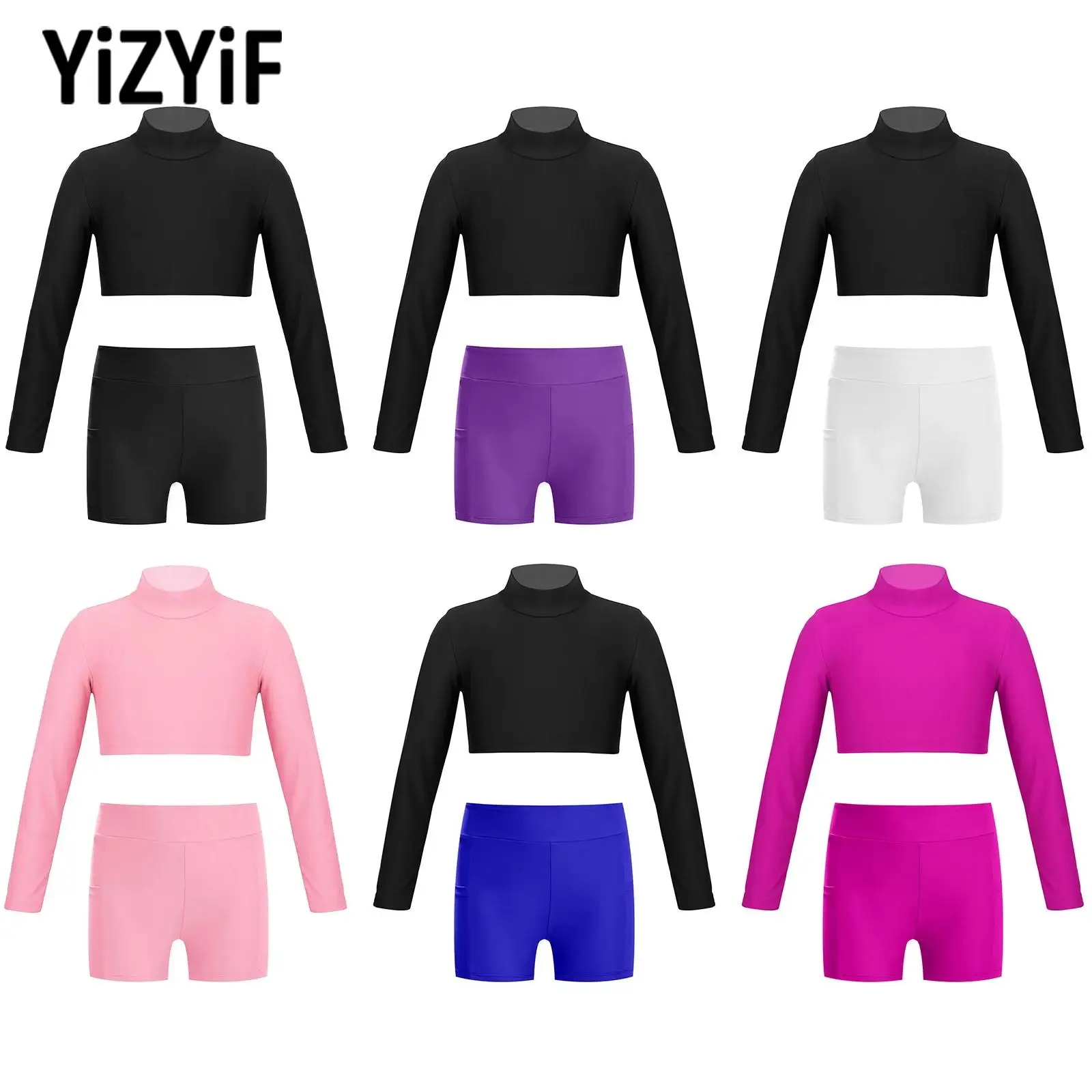 

Kid Girl Two Piece Gymnastics Training Sports Outfit Long Sleeves Crop Top with Shorts for Yoga Workout Ballet Dance Performance