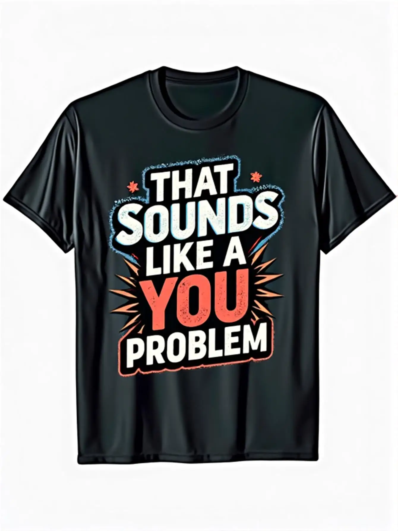 Funny Men's Black Graphic T-Shirt That Sounds Like a You Problem Bold Letter Print Slogan Starburst Distressed Typography 100% Cotton Heavyweight Short Sleeve Casual Streetwear Tee