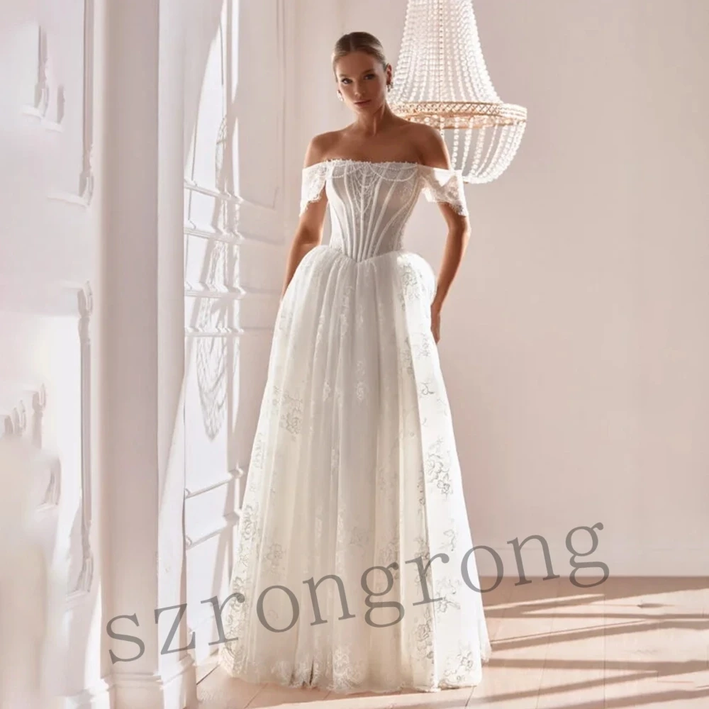 Elegant Boho Off Shoulder Lace Wedding Dress Tulle Lace up Back Elegant A-line Floor Length Bridesmaid Gown свадебное платье
