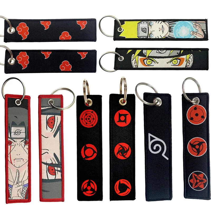 Image of Anime Naruto Label Schlüsselanhänger Itachi Sasuke Actionfiguren Stoff gewebtes Etikett Schlüsselanhänger Zubehör für Autotasche Schlüsselanhänger Spielzeug Geschenk