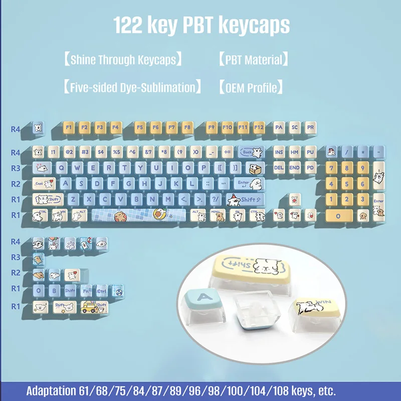 Imagem -02 - Oem Perfil Pbt Keycaps 122 Key Line Puppy Conjunto de Teclas de Teclado Personalizado para 61 65 68 75 82 87 98 104 108 Layout Key Cap