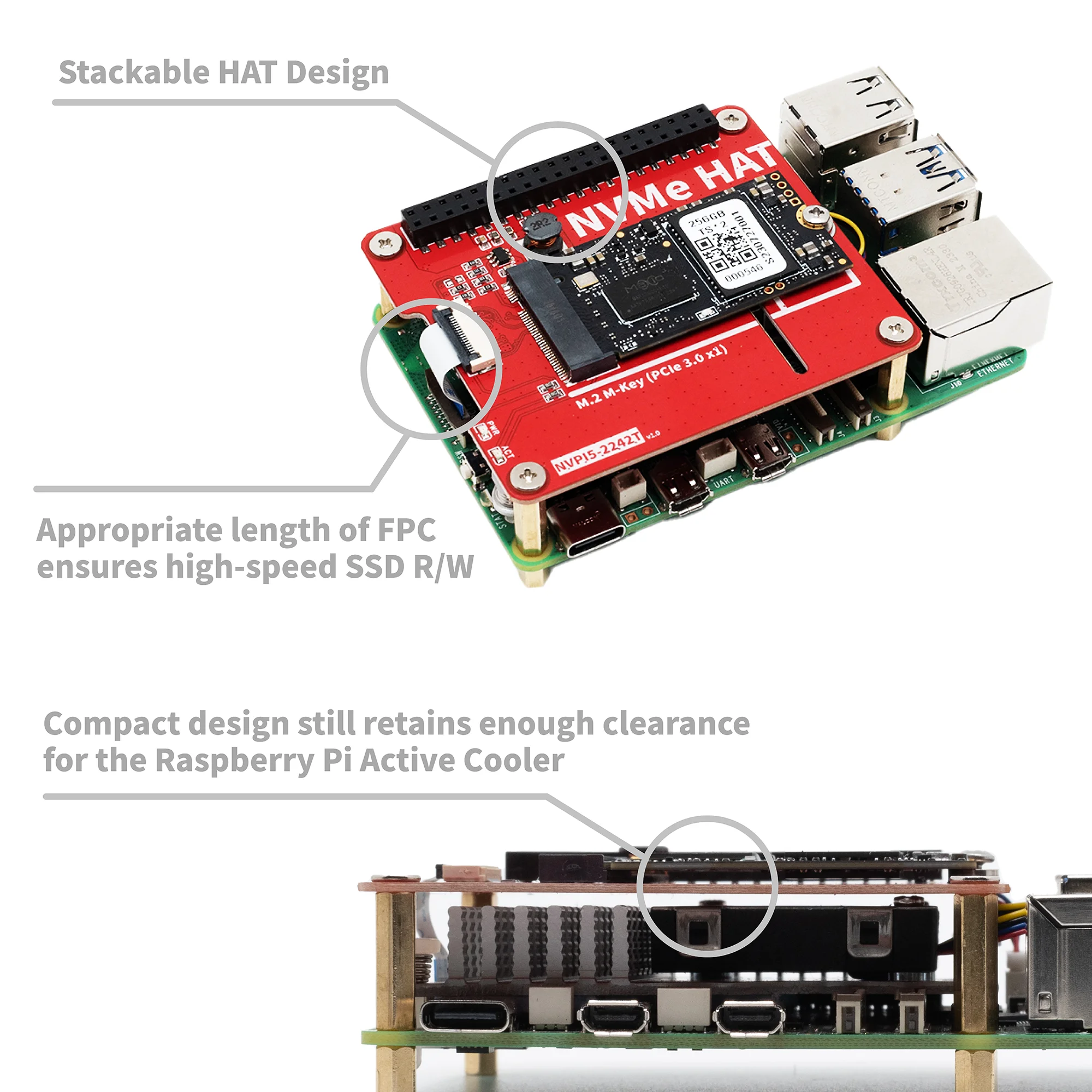 Raspberry Pi 5 NVME PCIe SSD HAT, NVPI5-2242T, 2230, 2242 M-Key, placa periférica PCIe para Raspberry Pi 5