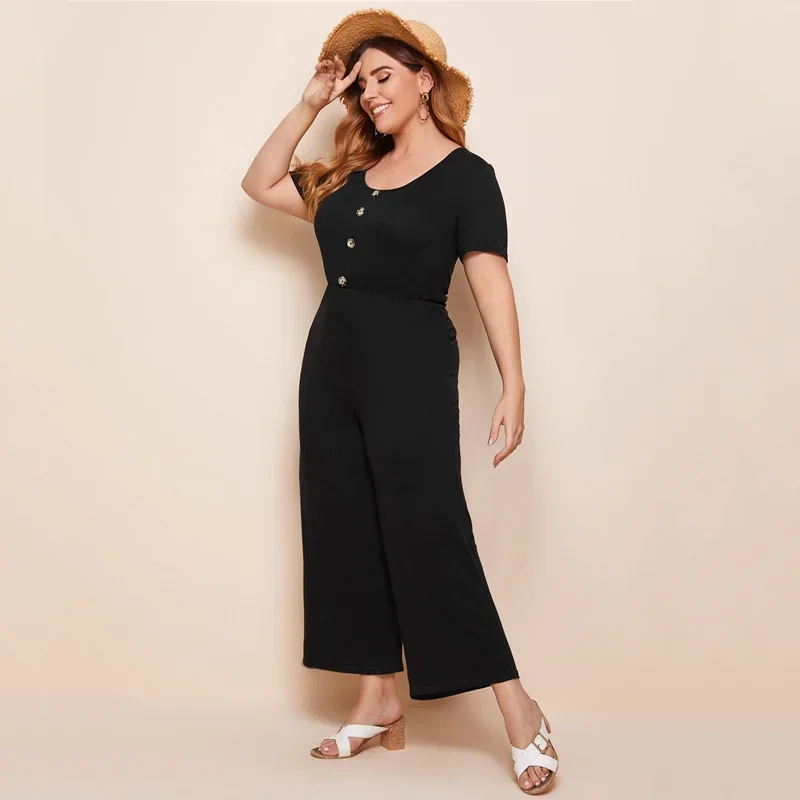 Plus Size Deep V-neck Back Summer Elegant Jumpsuits Short Sleeve Button Front Elastic Waist Casual Wide Leg Jumpsuits 6XL 7XL 8X