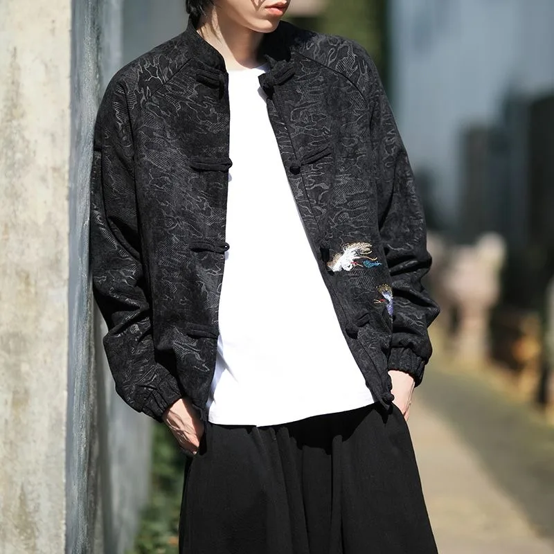 Ricamo gru in stile cinese da uomo Colletto rialzato abbottonato in stile cinese Abito Tang Primavera Casual Cappotto taglie forti Tendenza moda