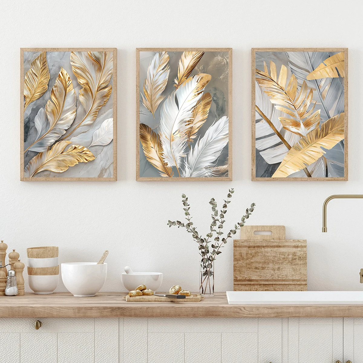 3pcs/Set Abstract Golden White Feather Leaf Canvas Poster Picture Wall Modern Living Room Decoration