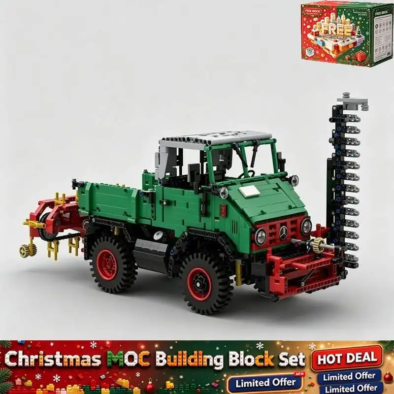 3019PCS Green Farm Utility Truck Model Rake Cutter Attachment Building Blocks Collection Display Creative Learning Gift For Men