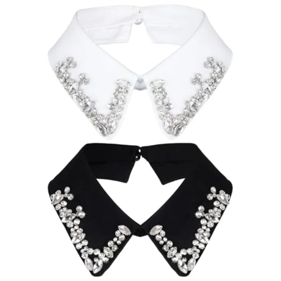 

2 Pcs Fake Collars Detachable Collar Rhinestones Dickey Collar for Women Blouse Half Shirt Christmas Graduation Daily Wear