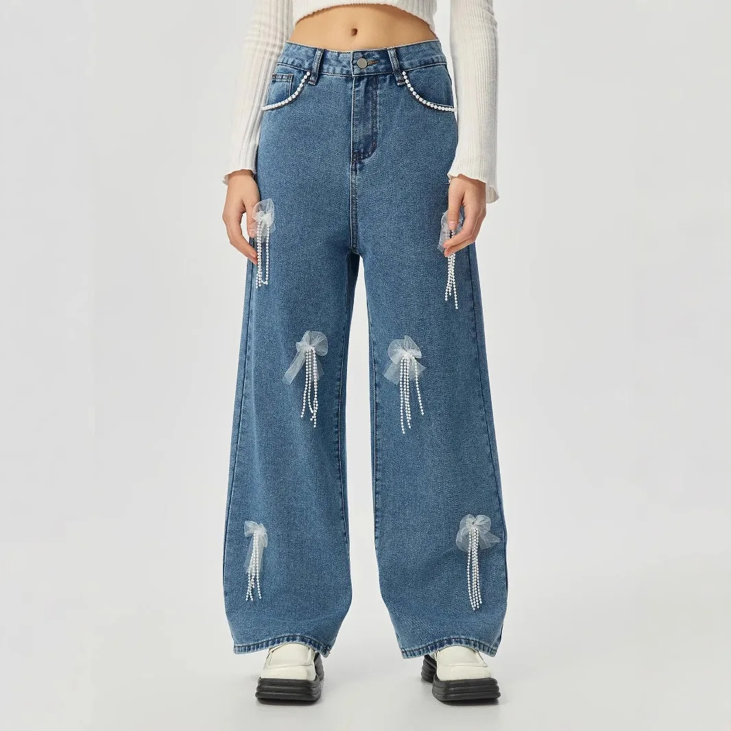 New Spring Autumn Women Solid Color High Waist Denim Pants Beaded Embroidery Denim Pants Wide Leg Straight Casual Trousers
