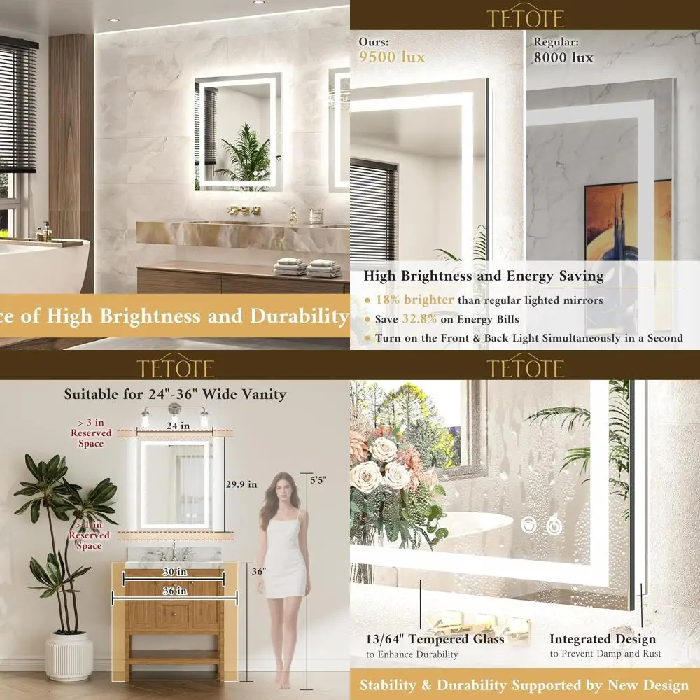 24x30 インチ LED 照明付きバニティミラー、曇り止め、3 色調光可能、強化ガラス、防水