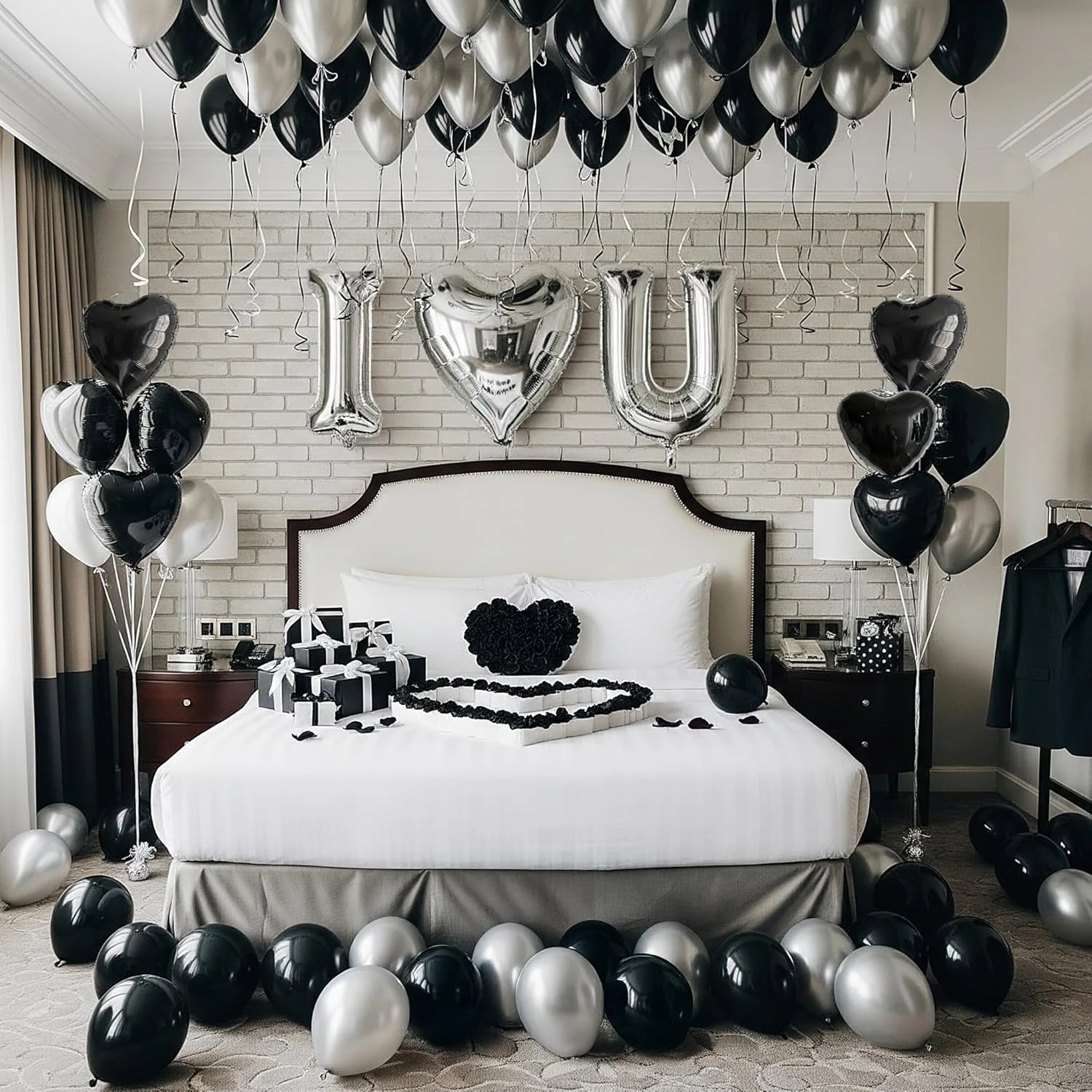 Schwarzes und silbernes Valentinstag-Ballon-Set, alles Gute zum Geburtstag I Heart U Aluminiumfolie Ballon Simulation Rosenblüten-Konfit