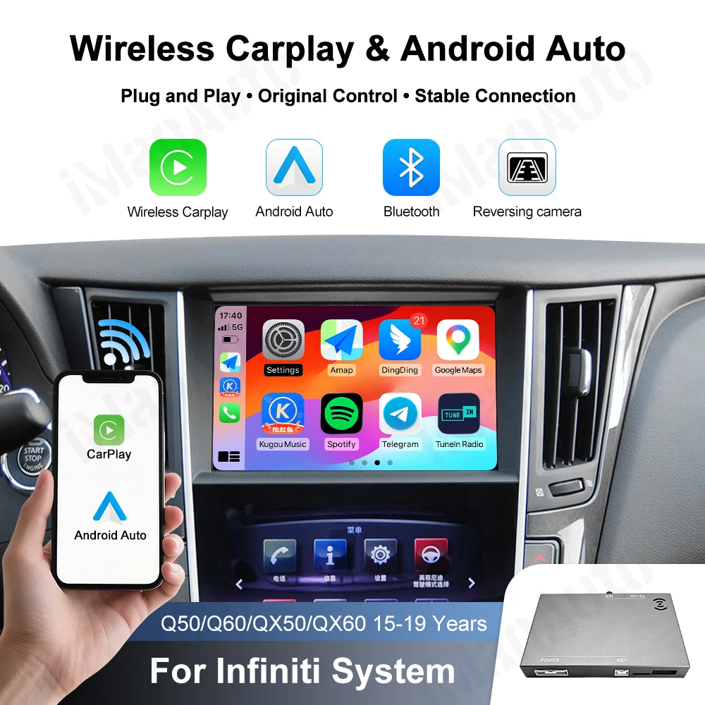 Wireless CarPlay Retrofit Box for Infiniti 8 inch Screen 2015-2019 Q50 Q60 Q50L QX50 Android Auto Mirroring Airplay Cam