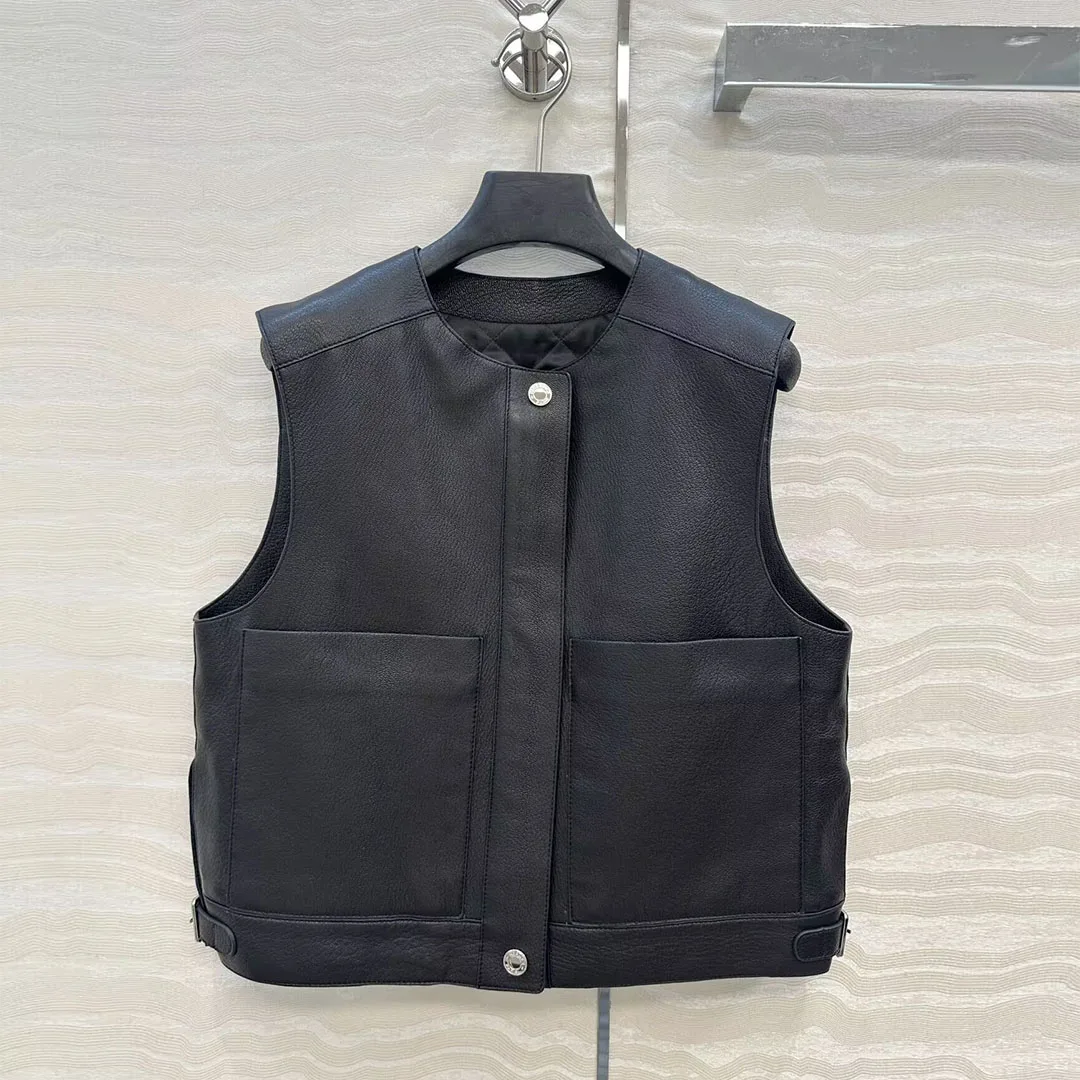 

High Quality 100% Sheepskin Leather Short Design Vest Coat Women O-neck Sleeveless Zipper Cotton Lining Autumn Tank Jacket