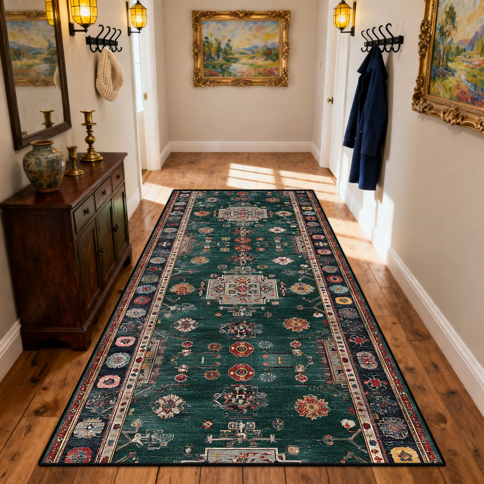 Bohemian Retro Green Easy Clean Long Runner Carpet Decoration Hallway Doorway Non-slip Rug Luxury Lint-free Corridor Floor Mat