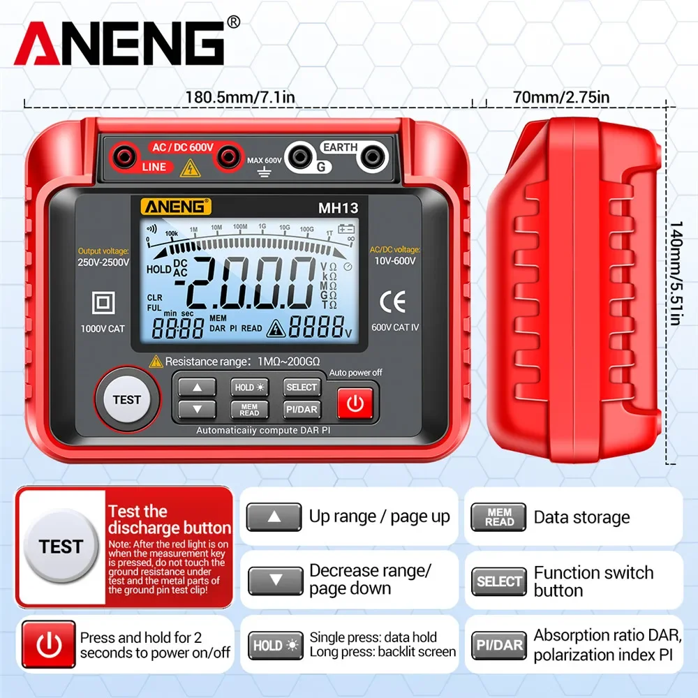 Aneng mh10/mh11/mh12/mh13 mego metro digitale elektronische mega meter isolation widerstands tester kabel megohm hochspannung messer