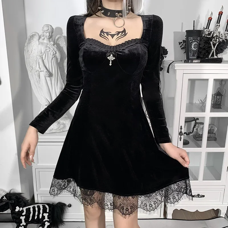 

Y2k Dark Sexy Lace Long-sleeved Dress Female Velvet Stitching Square Neck Pullover 2024 Fall New Gothic Punk Street Style