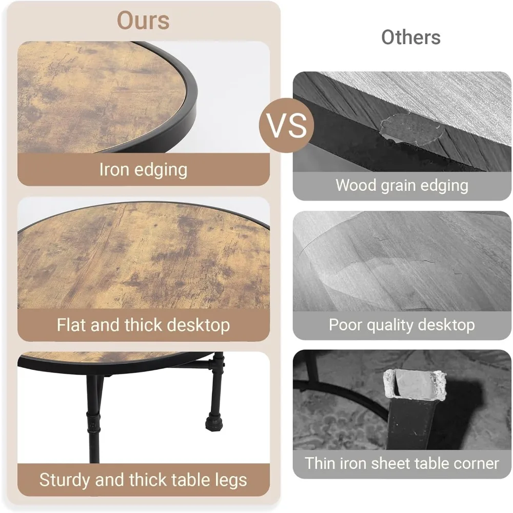 Round Coffee Table, Circle Wood Pottery Barn Coffee Table with Heavy Duty Metal Pipes Legs, Accent Cocktail Table Cen