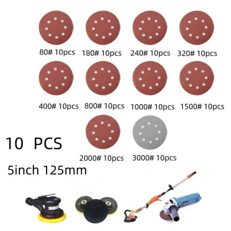 10pcs 125mm Sanding Discs 8 Hole Hook Loop Sandpaper 40Grit 3000Grit Sanding Paper Sanding Disc Abrasive Polishing Tools