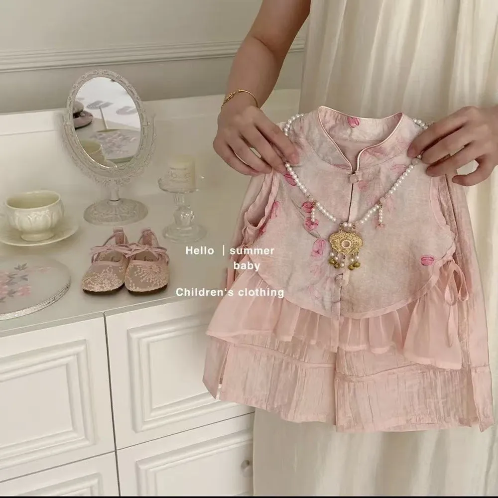 

Baby Girl Set Summer 2026 New Style Children's Chinese Vest Wide Leg Pants Two-piece Set