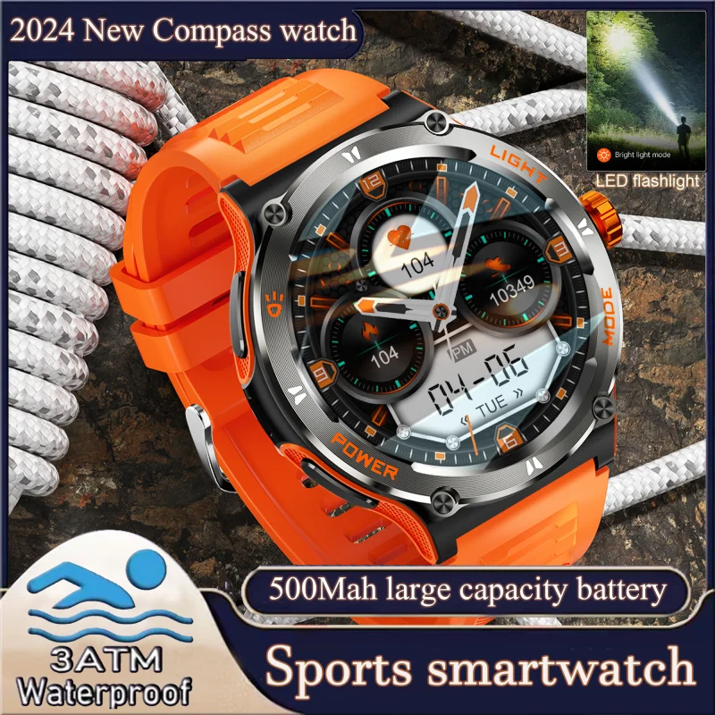 Compass LED Torch Men's Smart Watch 500 mAh Battery Heart Rate Blood Pressure Health Monitoring Watch Bluetooth Call Smartwatch