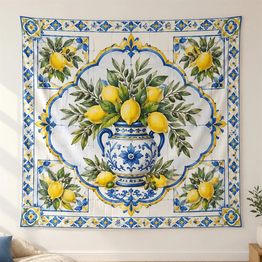 VIKAMA Lemon Branch Corner Motif Tapestry Wall Hanging, Mediterranean Wall Decor Tapestries for Bedroom Nursery Kids Room