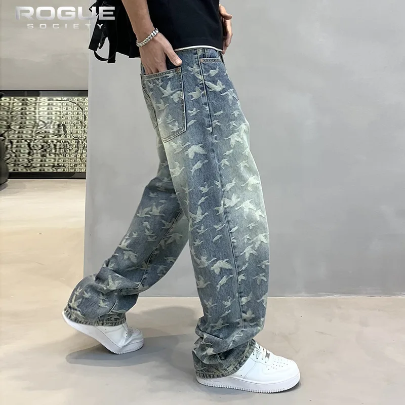 Korean Y2K Fashion Bird Jacquard Print Baggy Jeans Men Pants Streetwear Edgy Harajuku Washed Wide Leg Trousers Unisex Hip Hop