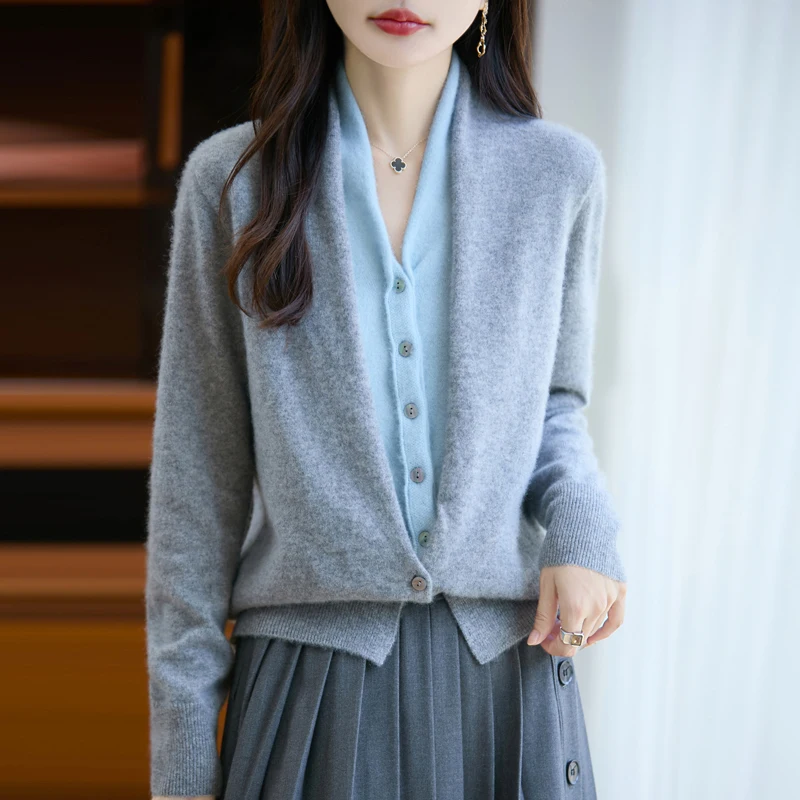 Autumn Winter New Arrival Women's Merino Wool Cardigan Sweater Fake Two‑Piece V‑Neck Solid Elegant Modest Long Sleeve Knit Top