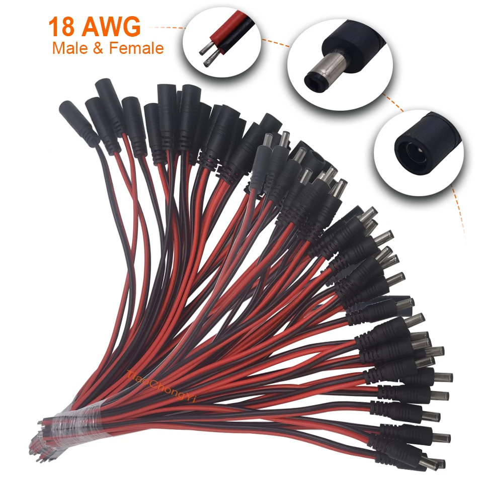 18 AWG DC connector 5.5X2.1mm 2.5mm Power Pigtail Cable Jack Male Female connector 30cm Wire For LED strip light CCTV Cameras