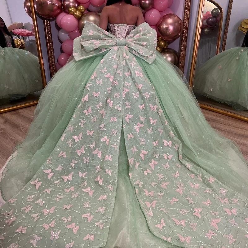 Vestidos De quinceañera con hombros descubiertos, color verde salvia, brillante, con cuentas De cristal, lazo De princesa, Vestidos De 15 Años con cordones