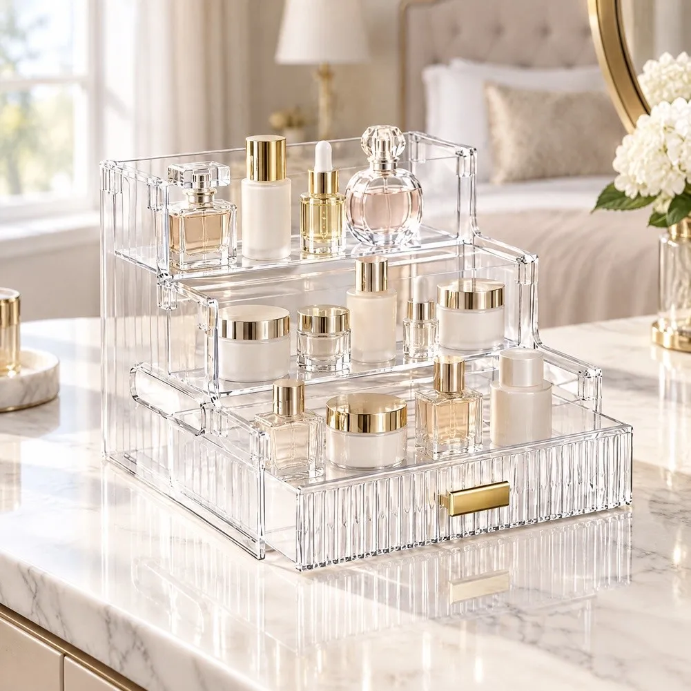 Clear 3 Level Cosmetic Organizer for Skincare Routine Display Countertop Desk Nightstand 23x20x17cm PET Lightweight Build