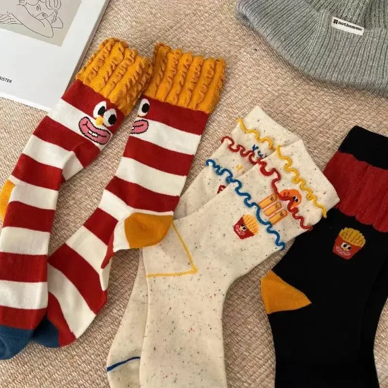 

Korean Fashion Hamburg French Fries Mid Tube Socks Women Funny Cute Striped Cartoon Graffiti Socks Cotton Harajuku Sweet Socks