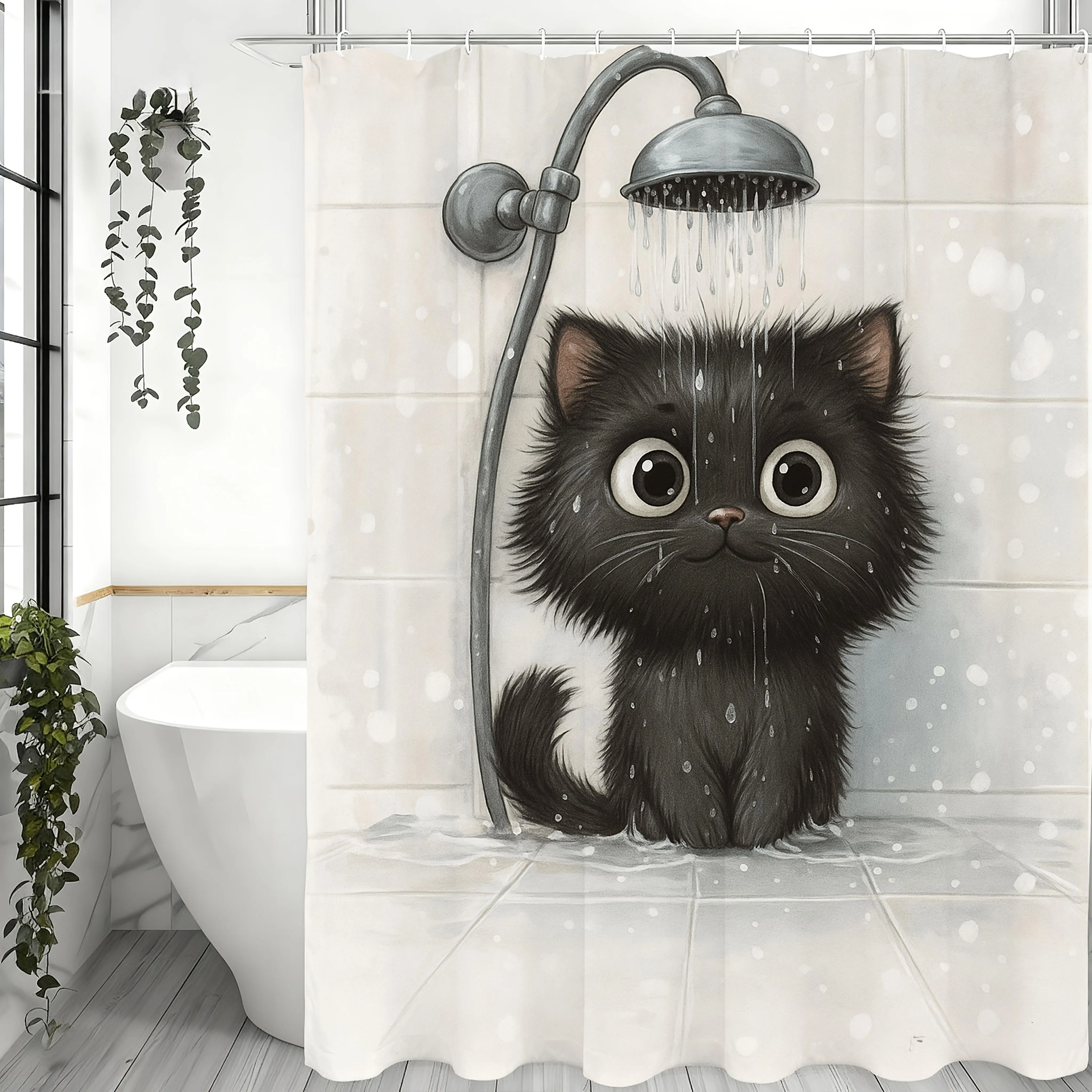 Cute Big Eyes Black Cat Shower Curtain, Watercolor Fluffy Kitten Under Shower Print Waterproof Bath Curtain for Bathroom Decor view 5