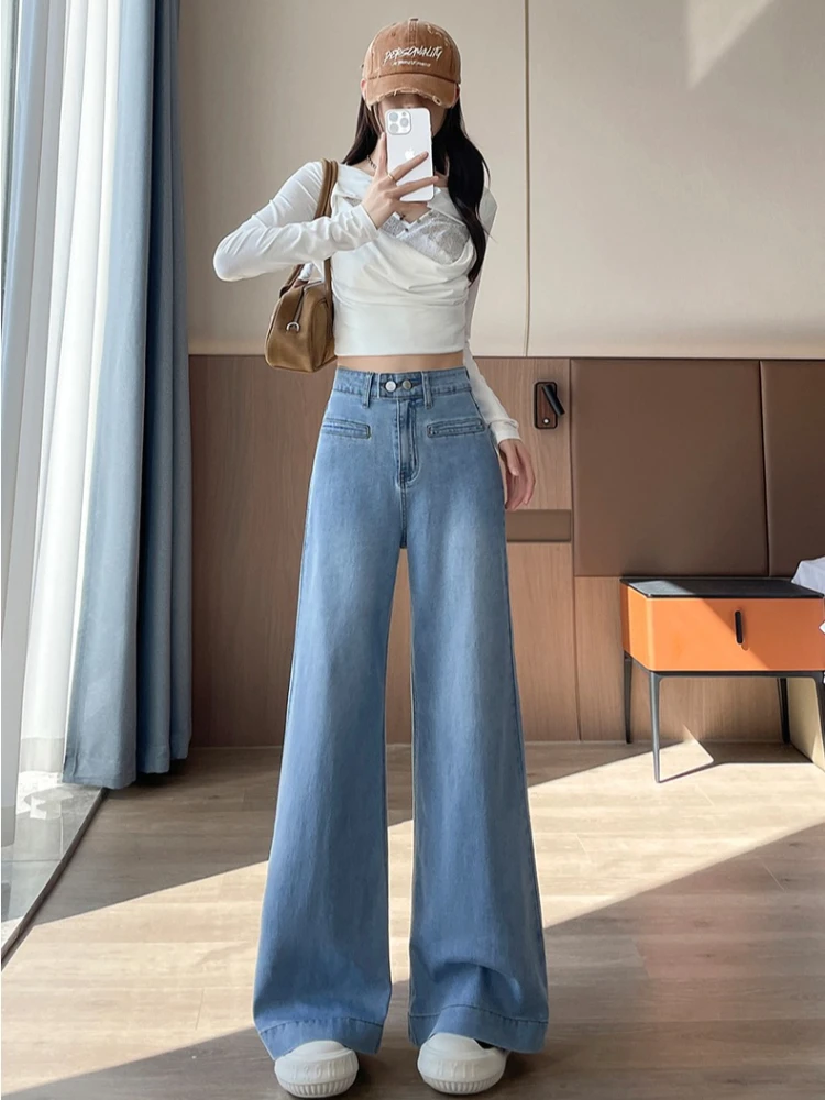 جينز واسع الساق مرن عالي الخصر بلون فاتح للنساء للخريف والشتاء وسراويل أرضية سميكة مستقيمة الساق