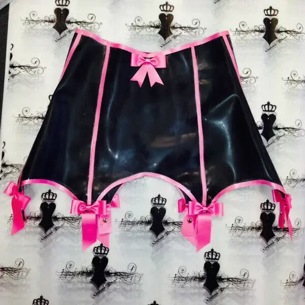 Sexy Latex High-Waist Panties | Black & Pink Bow Garter Design | 0.4mm Thin Rubber (S-XXL)