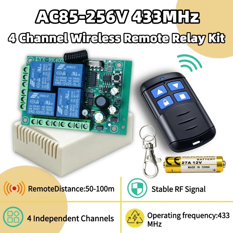 AC 220V 4 Channel Wireless Control Relay Switch 433MHz Remote Transmitter Universal for Garage Doors