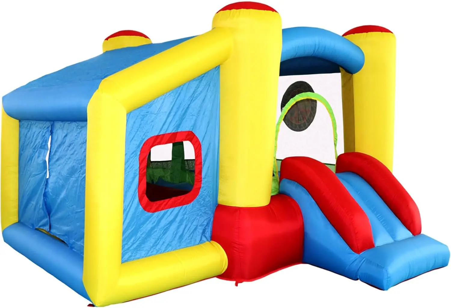 Casa de rebote inflable con soplador, tobogán de castillo para saltar, bóveda para niños con piscina de pelotas, llanta de baloncesto, juego de objetivo de dardos