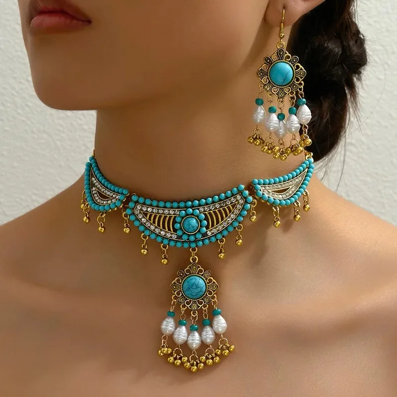 

Vintage Bohemian Design Faux Pearl Turquoise Tassel Pendant Necklace Earrings Jewellery Set Women's Luxury Delicate Accessories