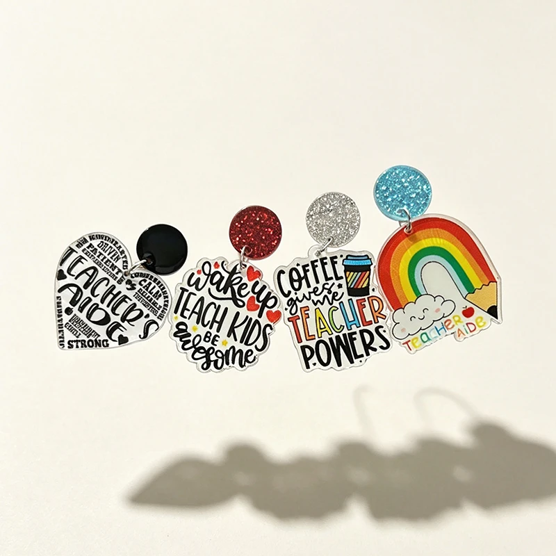 Teacher Appreciation Quote Acrylic Earrings Inspirational Text Rainbow Heart Dangle Earrings Back to School Women Gift Jewelry