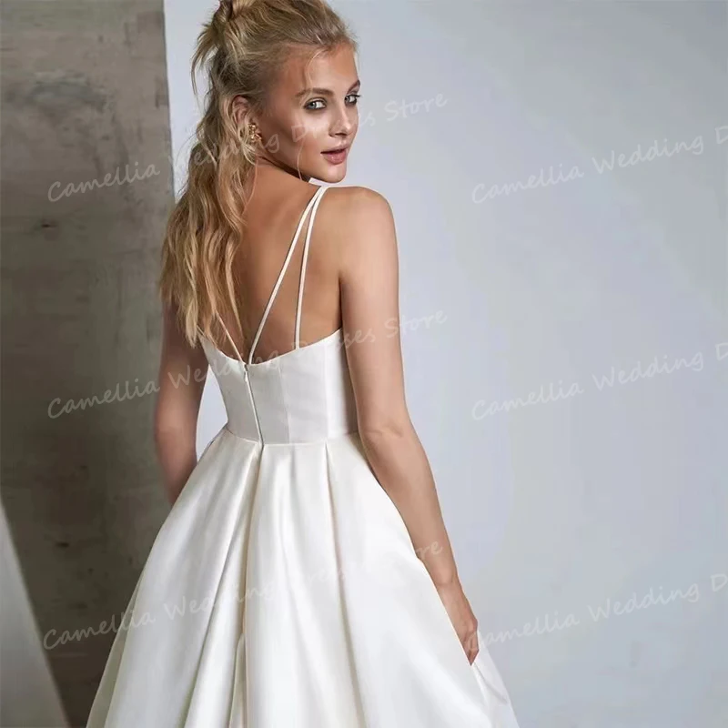 Simple Split Wedding Dresses A Line Sexy Spaghetti Straps Women's Bridal Gowns V Neck Backless Sleeveless Pleat Satin Vestidos