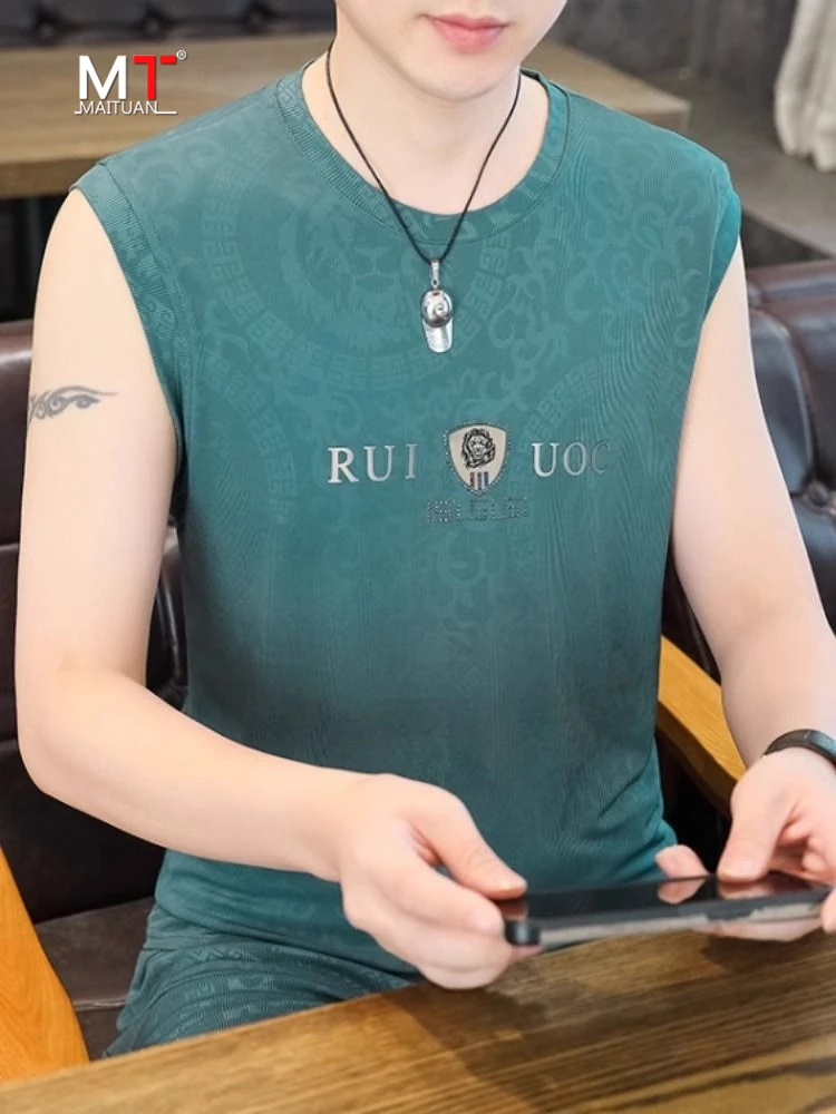 

Мужская летняя майка из высококачественного ледяного шелка, новинка 2026 года, с блестящей вышивкой, для фитнеса и спорта, быстросохнущая, повседневная, деловая