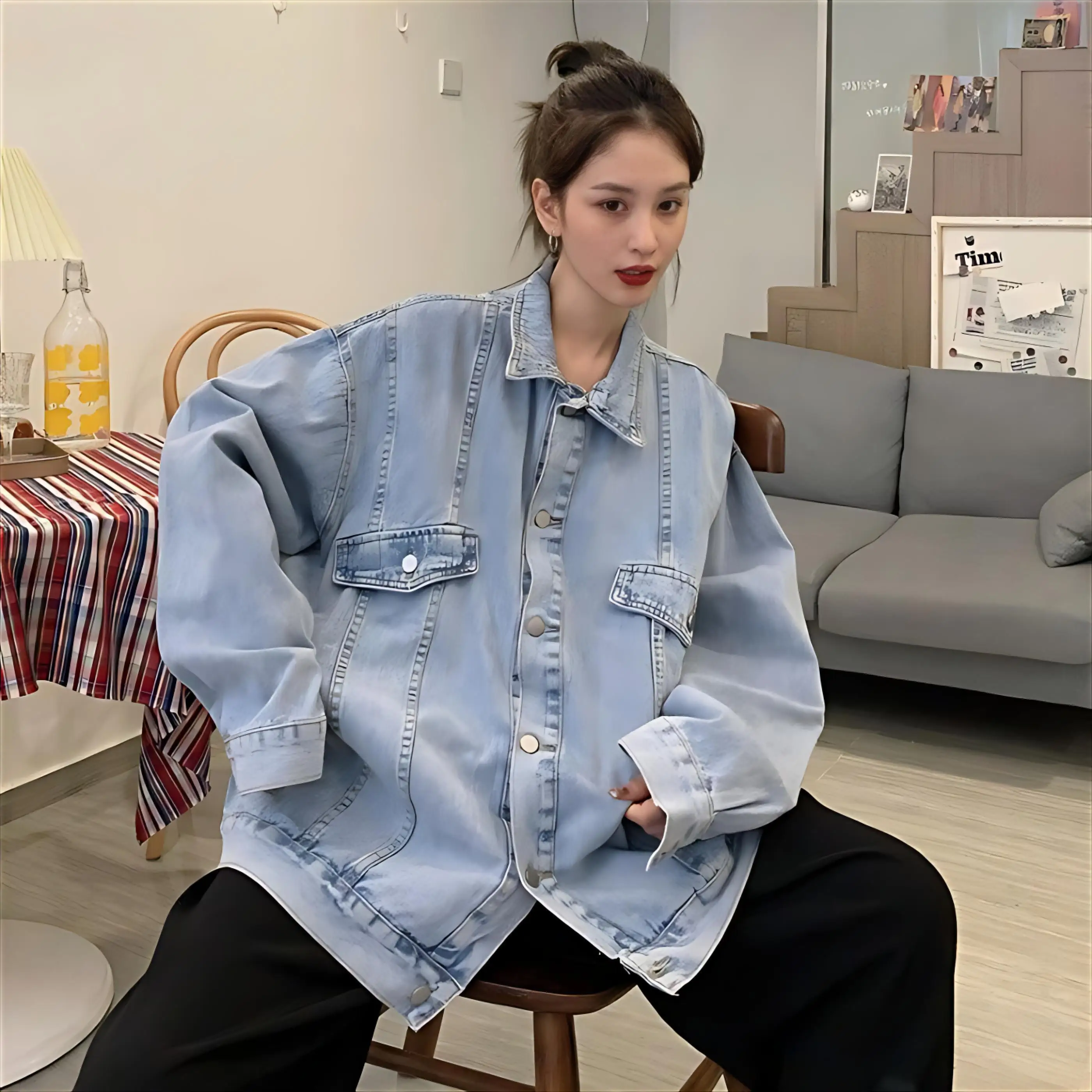 

Denim Coat Cropped Womens Summer Lightweight Button-Down Fitted School Hipster Matching Pleated Panelled Double-Faced Jackets BF