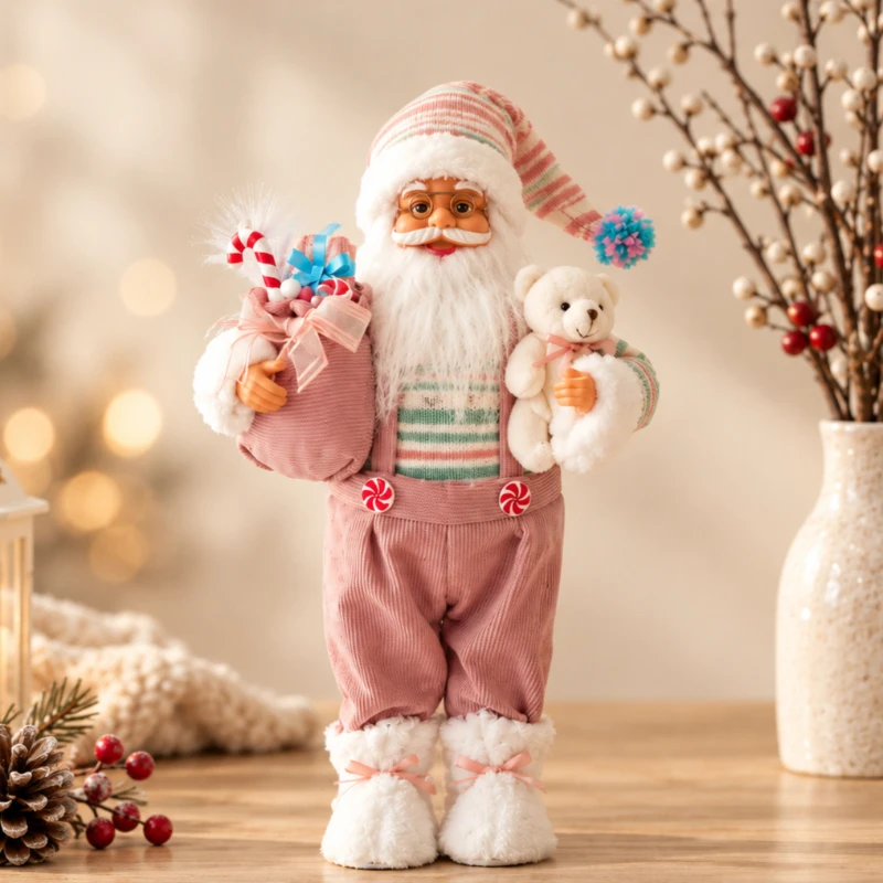 1Pcs Christmas pink overalls, bear Santa decoration ornament 30cm small Santa Claus desktop cabinet atmosphere decoration