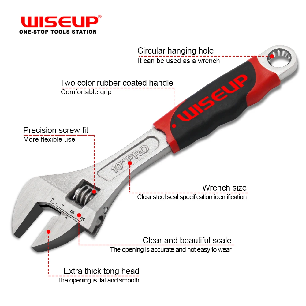 WISEUP 4 Styles Adjustable Wrench Professional Cr-V Forged With Anti-Slip Grip Wrenches Set Small Crescent Style Hand tools