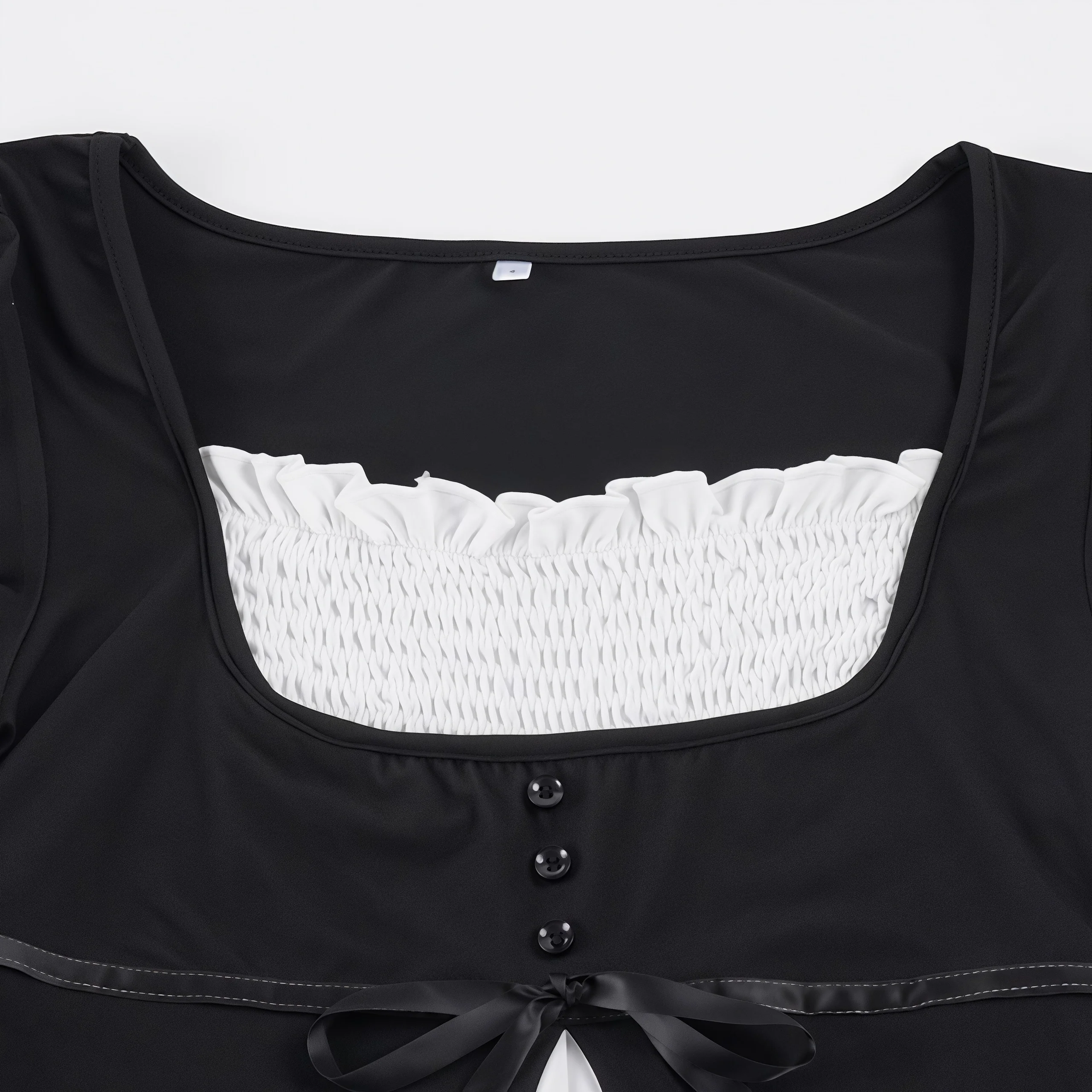 Ästhetisches, süßes Damen-Top im Zweiteiler-Look mit quadratischem Ausschnitt, Puffärmeln, vorderer Schleife und schmalem, ausgestelltem Saum, lässiges Sommer-Top. – Detail 9