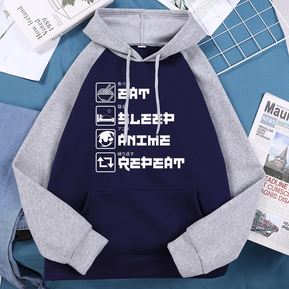 

My Day Eat Sleep Anime Repeat Raglan Men Hoodies Cartoons O-Neck Long Sleeves Cute Fashion Sweatshirt Autumn Fleece Mans Hoody