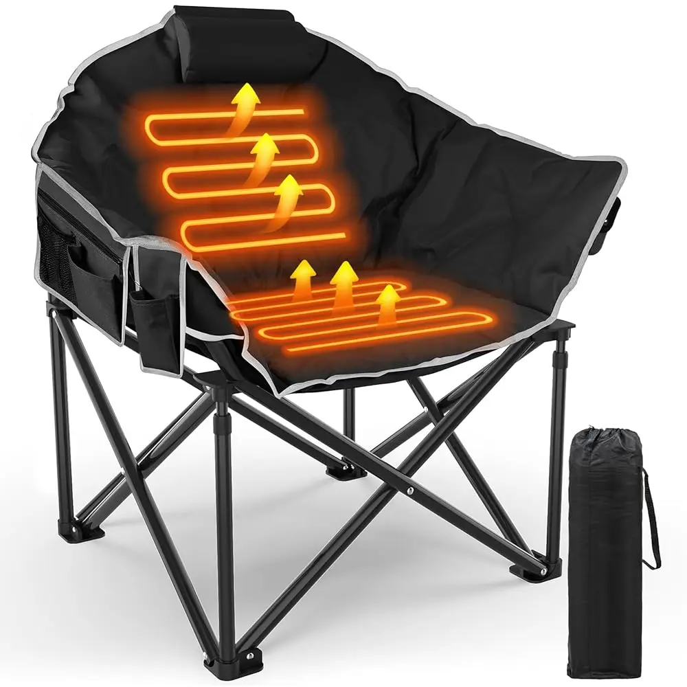 

Heated Camping Chair Oversized, Portable Heated Chair Outdoor Sports With Backrest, High Back, Pillow, 3 Heat Levels, Folding