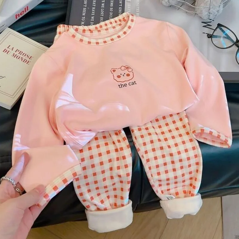 

Autumn Winter Spring Boys Girls Baby Pajamas Lightweight Thermal Underwear 2 Piece Flannel Fleece Lined Cotton Warm Kids Clothes