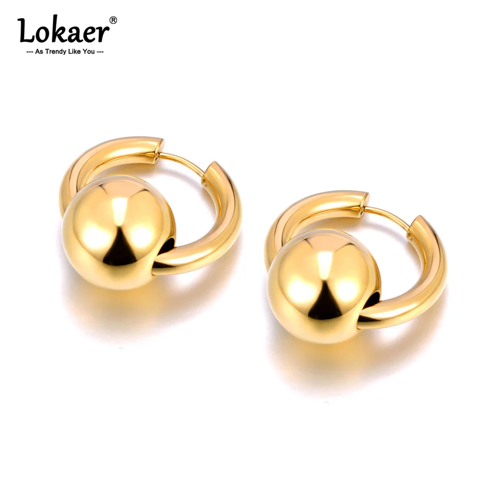 Lokaer New Stainless Steel Geometric Round Ball Hoop Earrings For Women Waterproof Real Gold Plated Fashion Charm Jewelry E24002