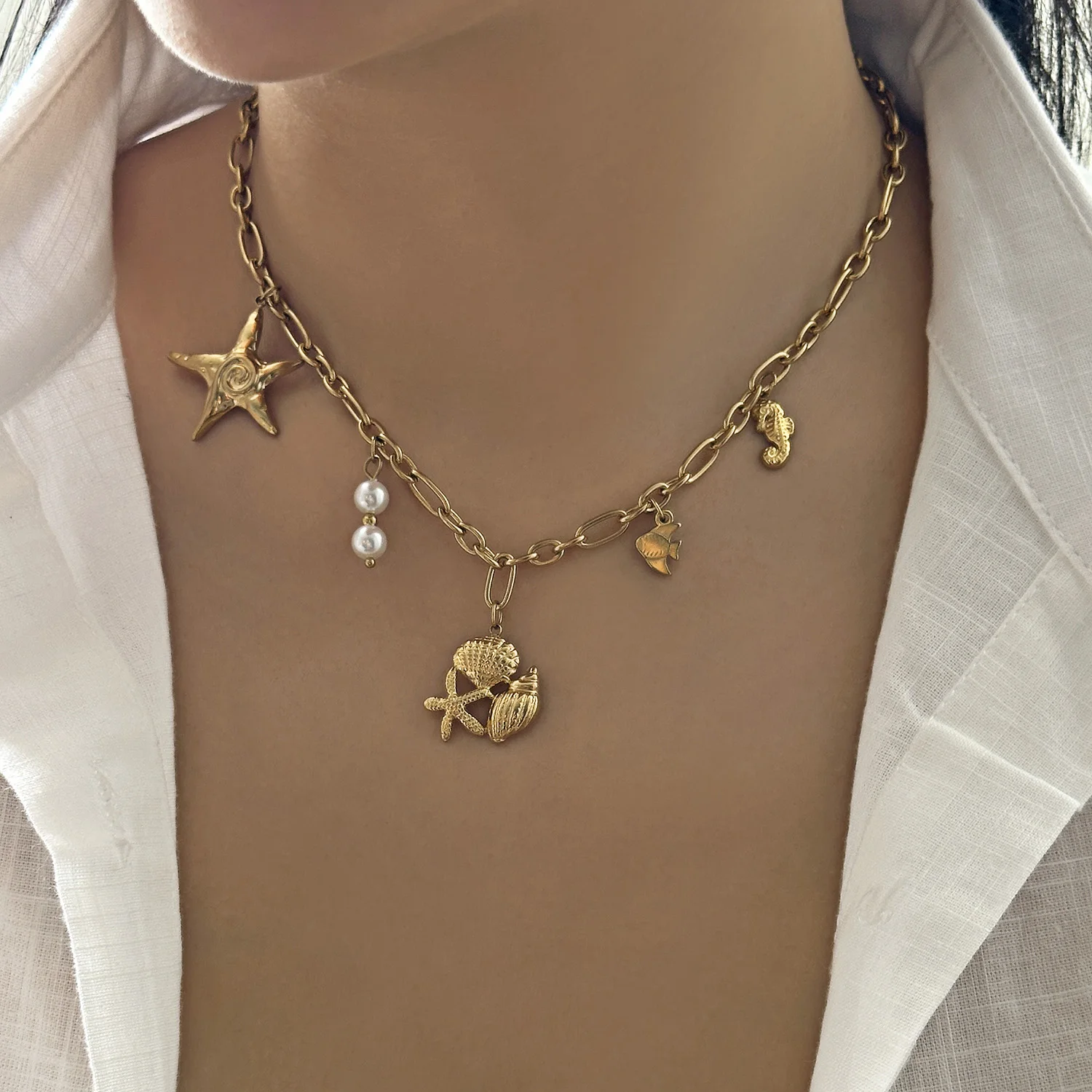Mode Edelstahl Metall Conch Halsketten für Frauen Nette Shell Quaste Keramik Fisch Halsketten Party Täglichen Schmuck Geschenke – Detail 38