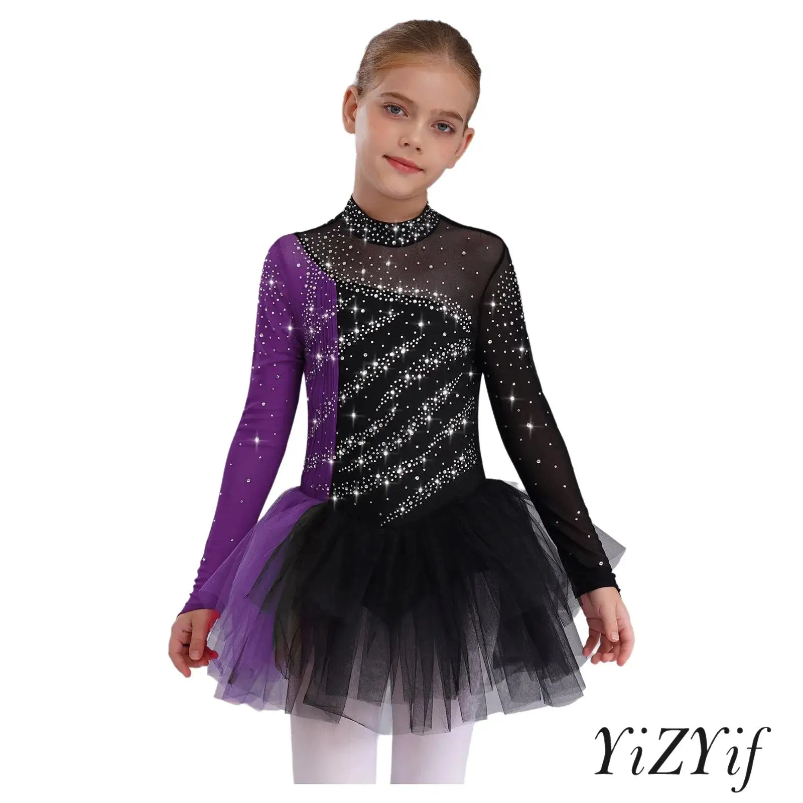 

Kids Girls Figure Skating Dance Dresses Stage Performance Costume Long Sleeves Sparkling Rhinestones Color Block Patchwork Dress