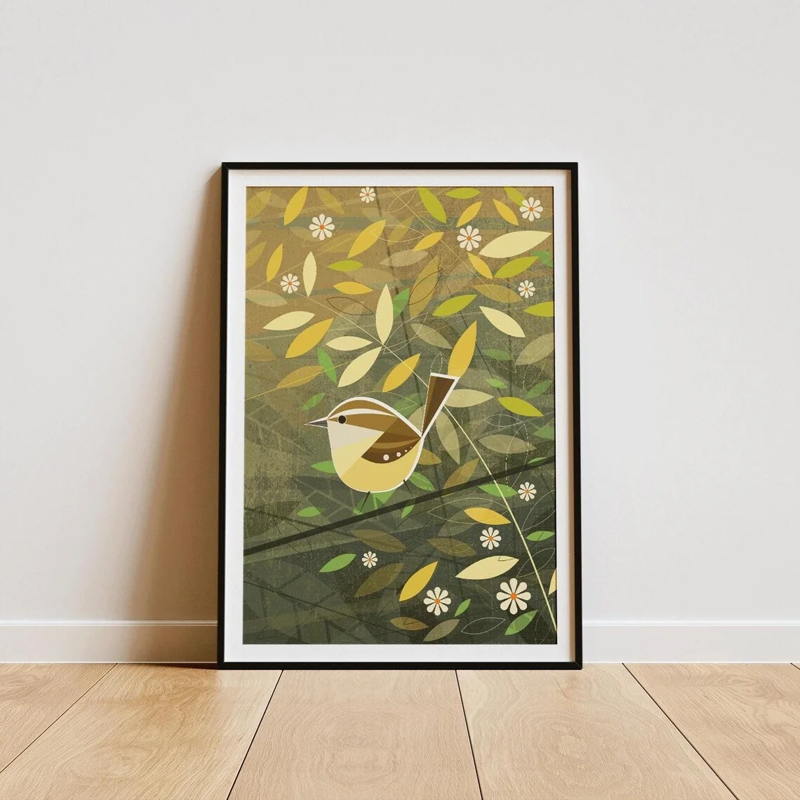 Mid Century Wren Bird Floral Wall Decor Canvas Painting Print - Perfect Gift for Nature Lovers, Bird Watchers, or Anyone Who